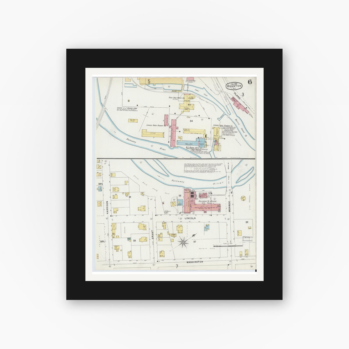 Old map wall art mockup — black gallery frame with white mat — Sanborn Fire Insurance Map from Boonton, Morris County, New Jersey (1896), Sheet #0006