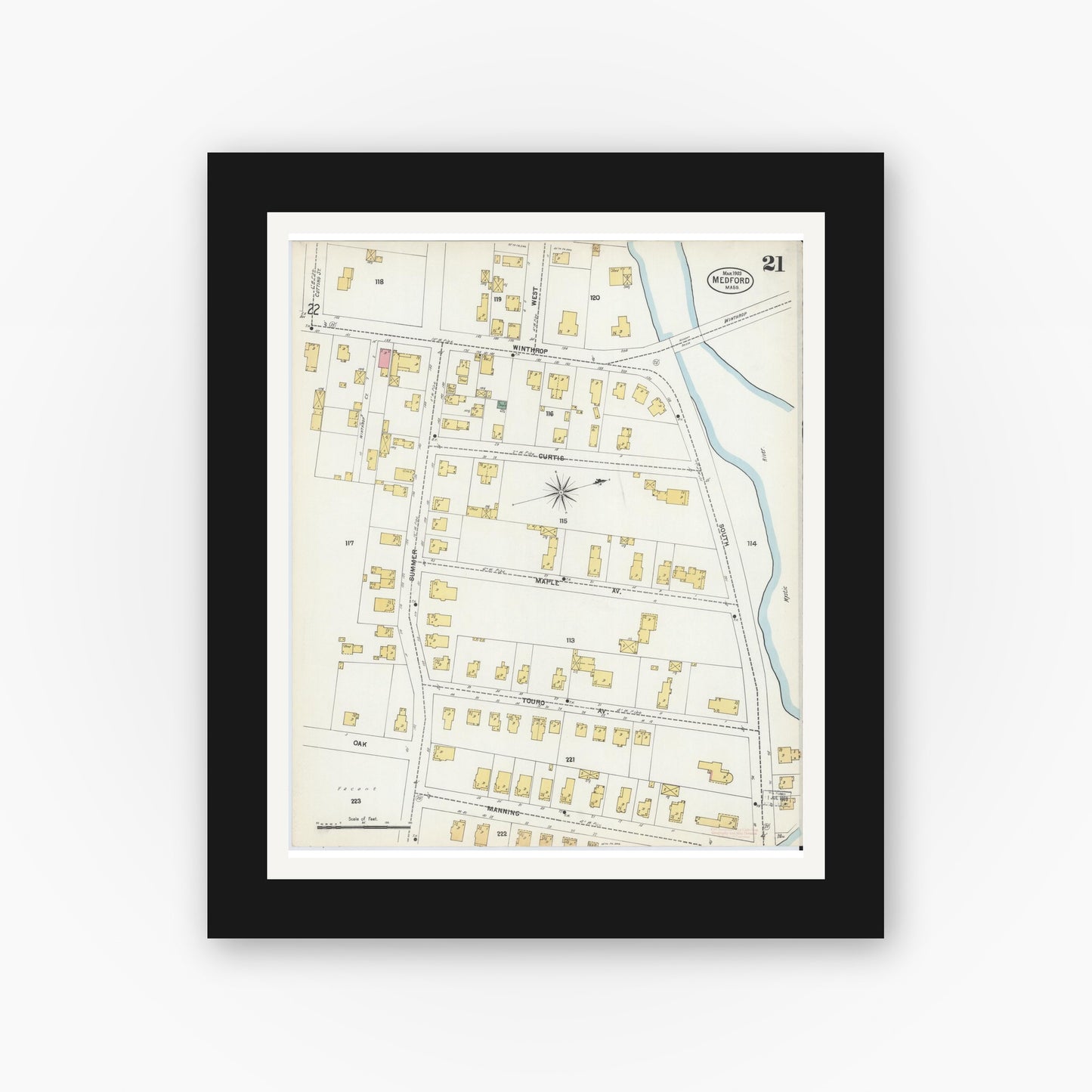 Old map wall art mockup — black gallery frame with white mat — Sanborn Fire Insurance Map from Medford, Middlesex County, Massachusetts (1903), Sheet #0021
