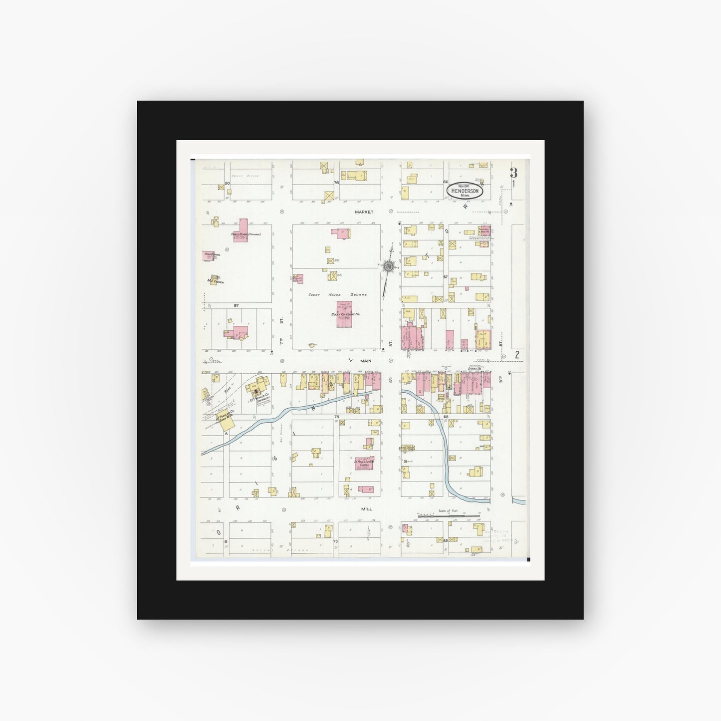Old map wall art mockup — black gallery frame with white mat — Sanborn Fire Insurance Map from Henderson, Sibley County, Minnesota (1910), Sheet #0003