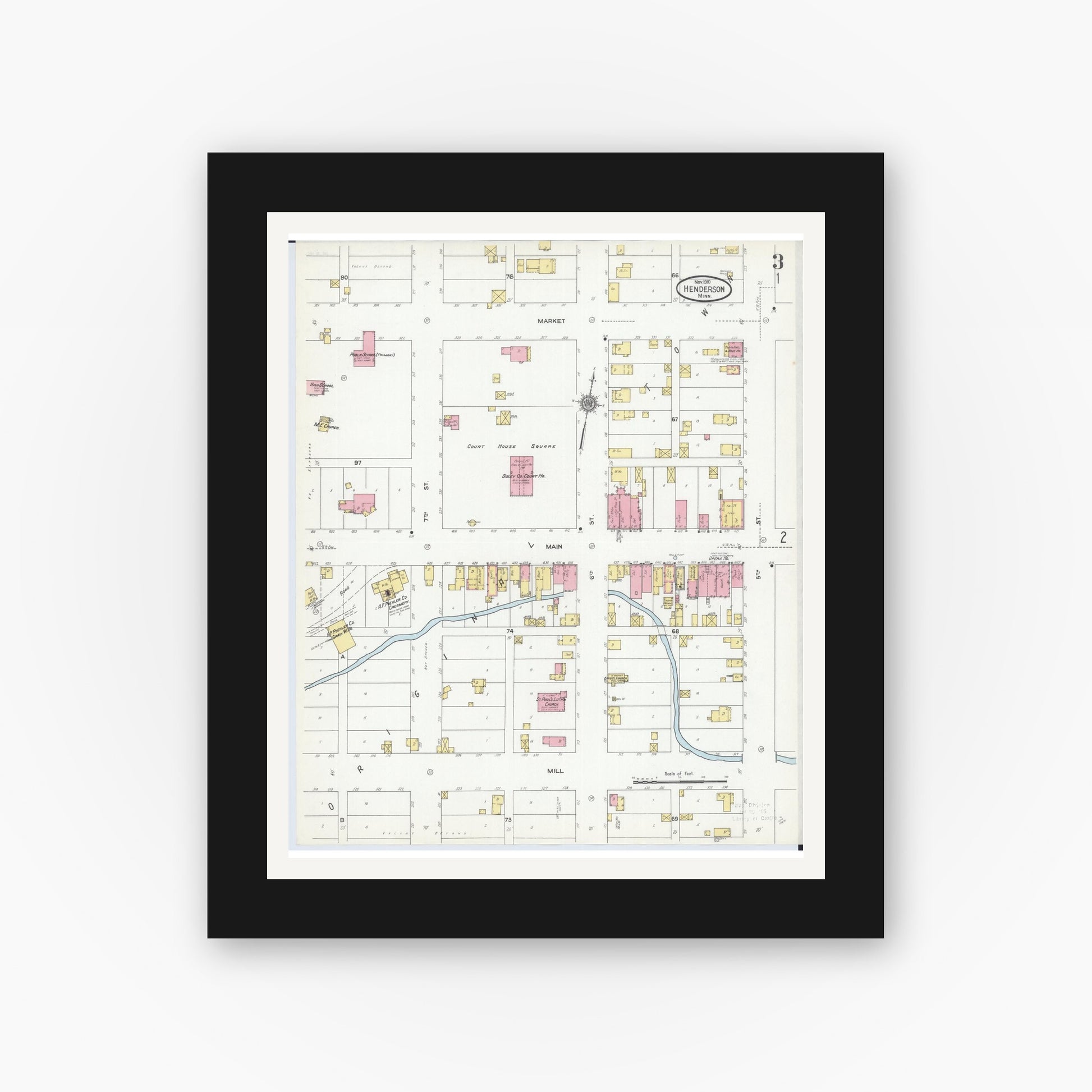 Old map wall art mockup — black gallery frame with white mat — Sanborn Fire Insurance Map from Henderson, Sibley County, Minnesota (1910), Sheet #0003