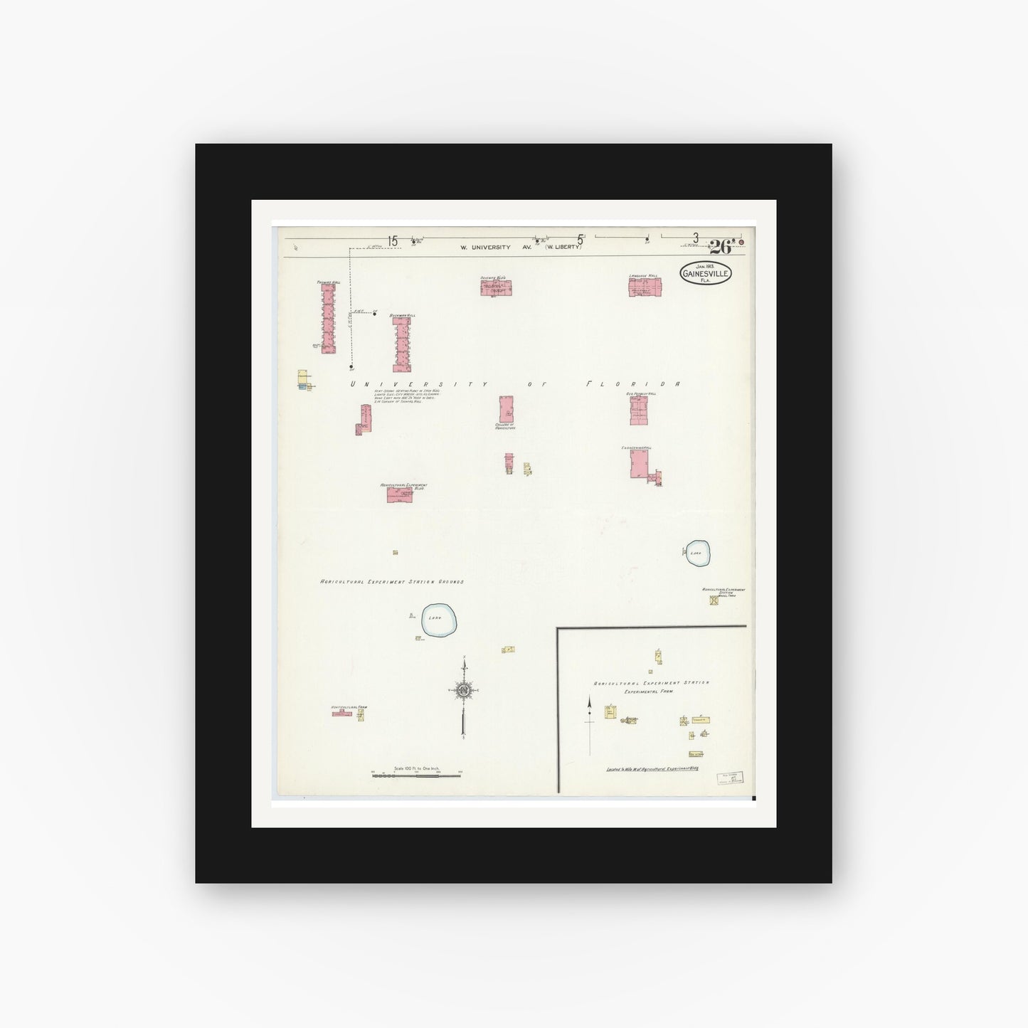 Old map wall art mockup — black gallery frame with white mat — Sanborn Fire Insurance Map from Gainesville, Alachua County, Florida (1913), Sheet #0026