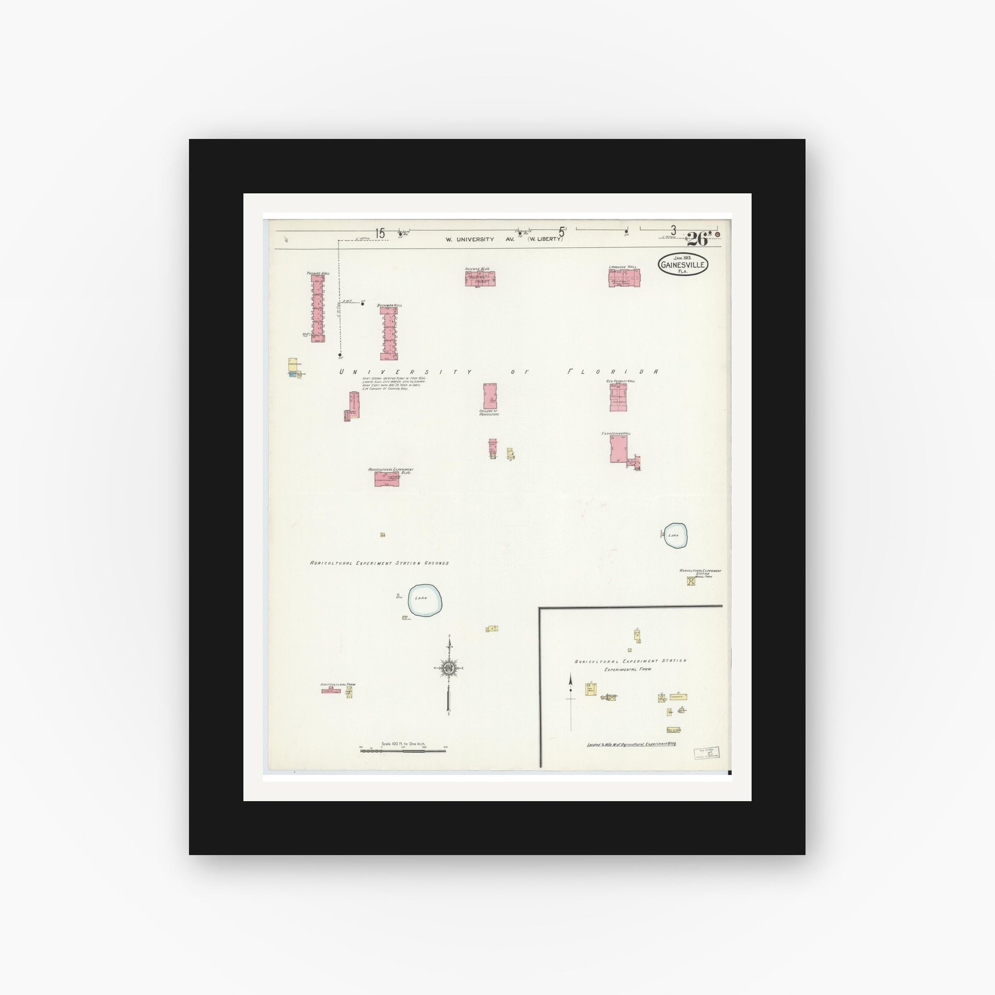 Old map wall art mockup — black gallery frame with white mat — Sanborn Fire Insurance Map from Gainesville, Alachua County, Florida (1913), Sheet #0026