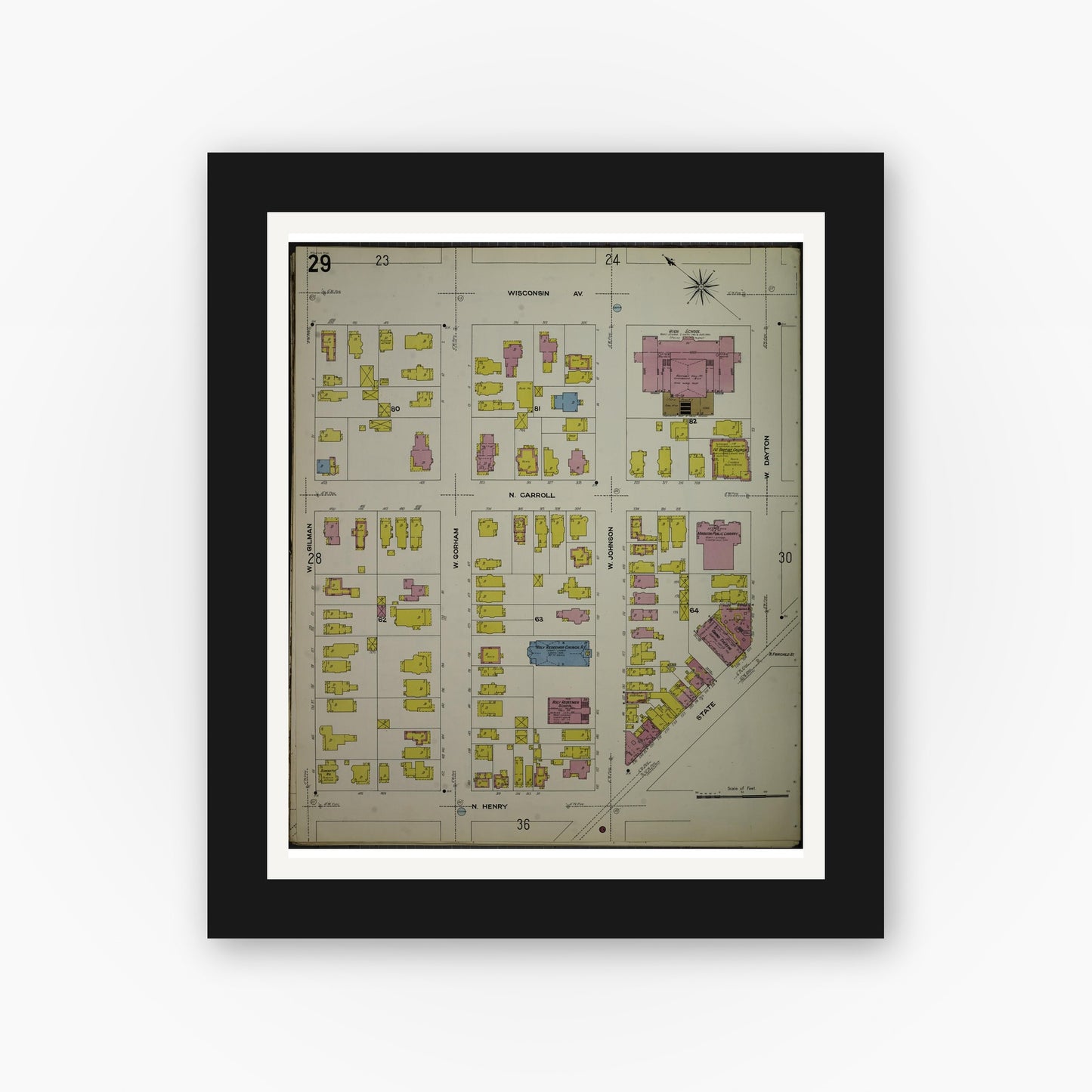 Old map wall art mockup — black gallery frame with white mat — Sanborn Fire Insurance Map from Madison, Dane County, Wisconsin (1908), Sheet #0029