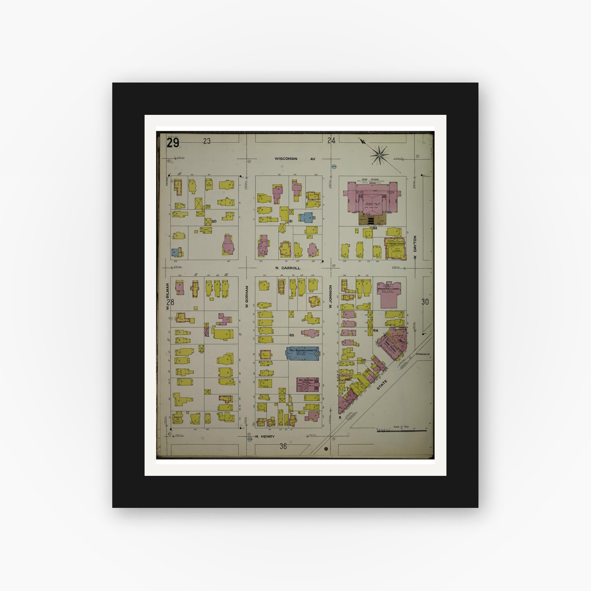 Old map wall art mockup — black gallery frame with white mat — Sanborn Fire Insurance Map from Madison, Dane County, Wisconsin (1908), Sheet #0029