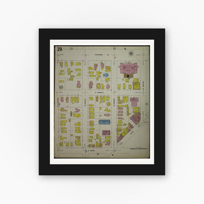 Old map wall art mockup — black gallery frame with white mat — Sanborn Fire Insurance Map from Madison, Dane County, Wisconsin (1908), Sheet #0029