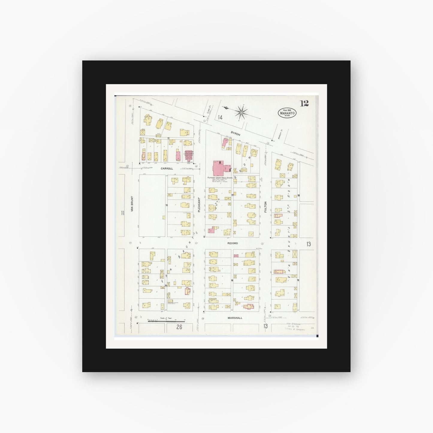Old map wall art mockup — black gallery frame with white mat — Sanborn Fire Insurance Map from Mankato, Blue Earth County, Minnesota (1908), Sheet #0012