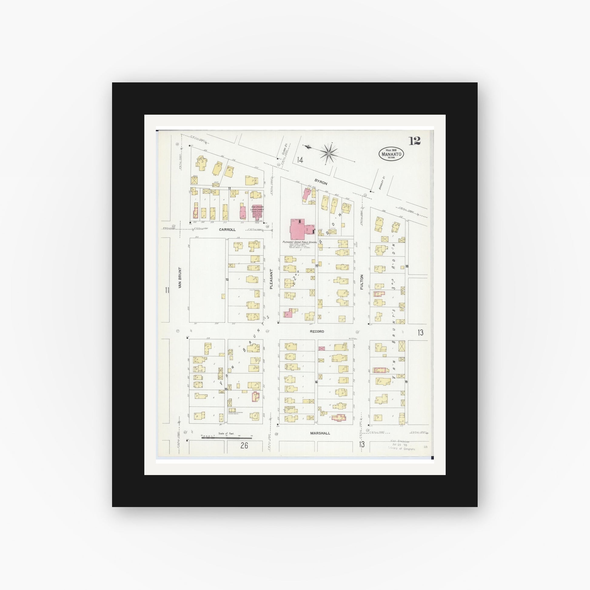 Old map wall art mockup — black gallery frame with white mat — Sanborn Fire Insurance Map from Mankato, Blue Earth County, Minnesota (1908), Sheet #0012