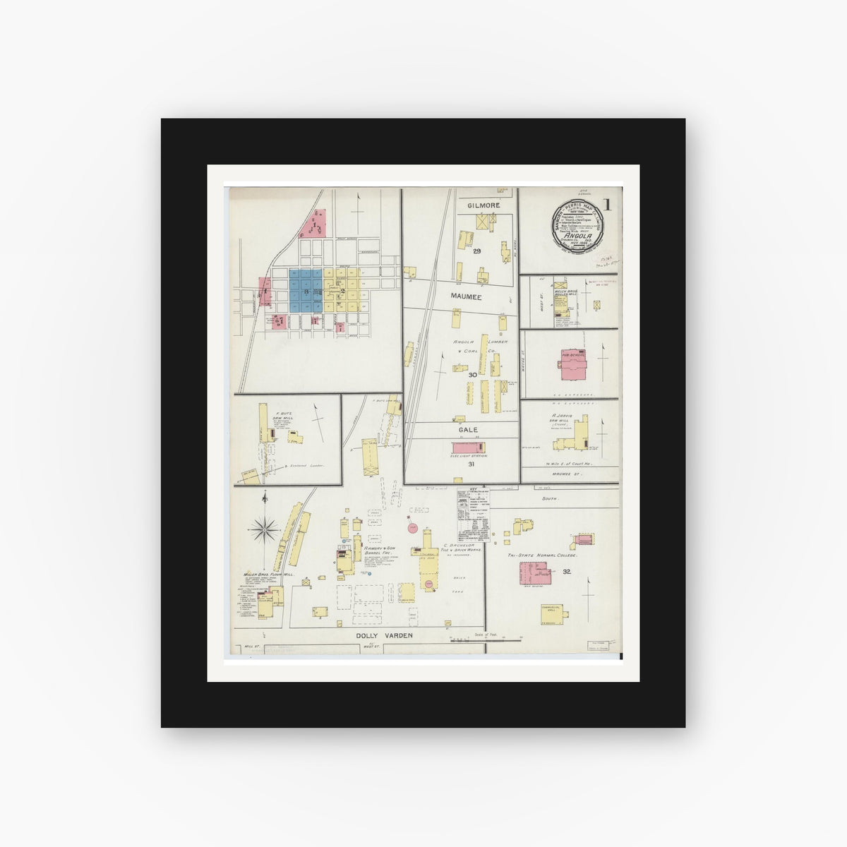 Old map wall art mockup — black gallery frame with white mat — Sanborn Fire Insurance Map from Angola, Steuben County, Indiana (1892), Sheet #0001