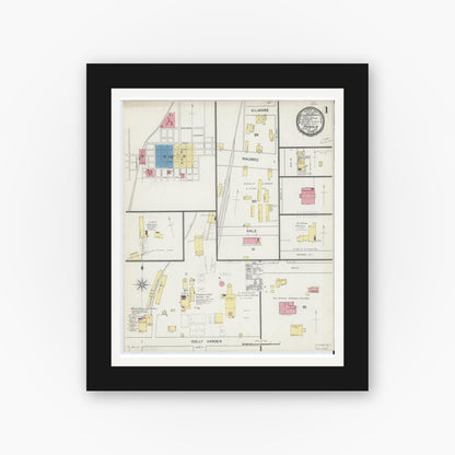 Old map wall art mockup — black gallery frame with white mat — Sanborn Fire Insurance Map from Angola, Steuben County, Indiana (1892), Sheet #0001