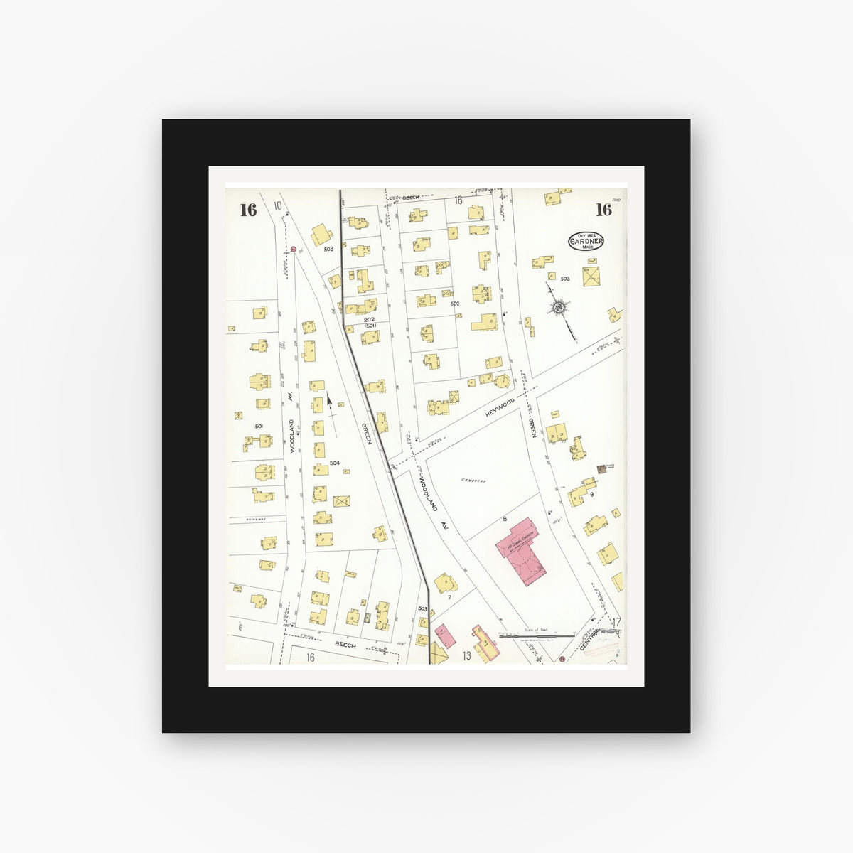 Old map wall art mockup — black gallery frame with white mat — Sanborn Fire Insurance Map from Gardner, Worcester County, Massachusetts (1923), Sheet #0016