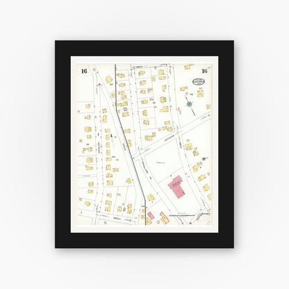 Old map wall art mockup — black gallery frame with white mat — Sanborn Fire Insurance Map from Gardner, Worcester County, Massachusetts (1923), Sheet #0016