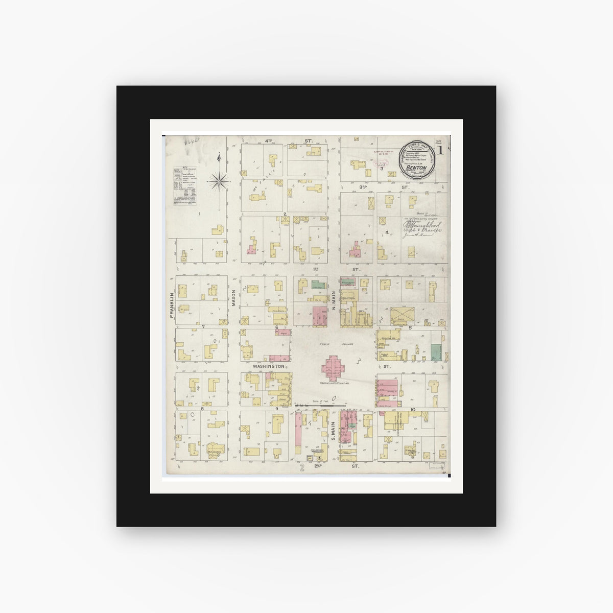 Old map wall art mockup — black gallery frame with white mat — Sanborn Fire Insurance Map from Benton, Franklin County, Illinois (1894), Sheet #0001