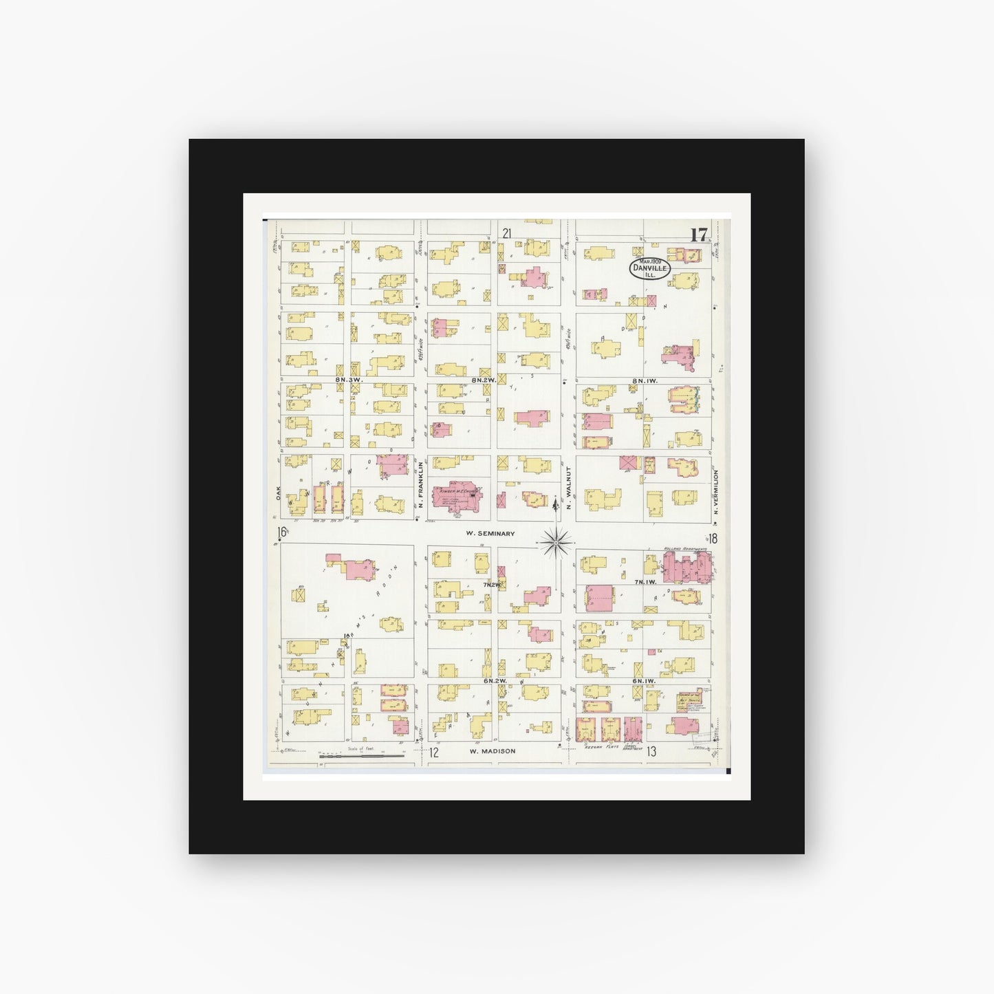 Old map wall art mockup — black gallery frame with white mat — Sanborn Fire Insurance Map from Danville, Vermilion County, Illinois (1909), Sheet #0017