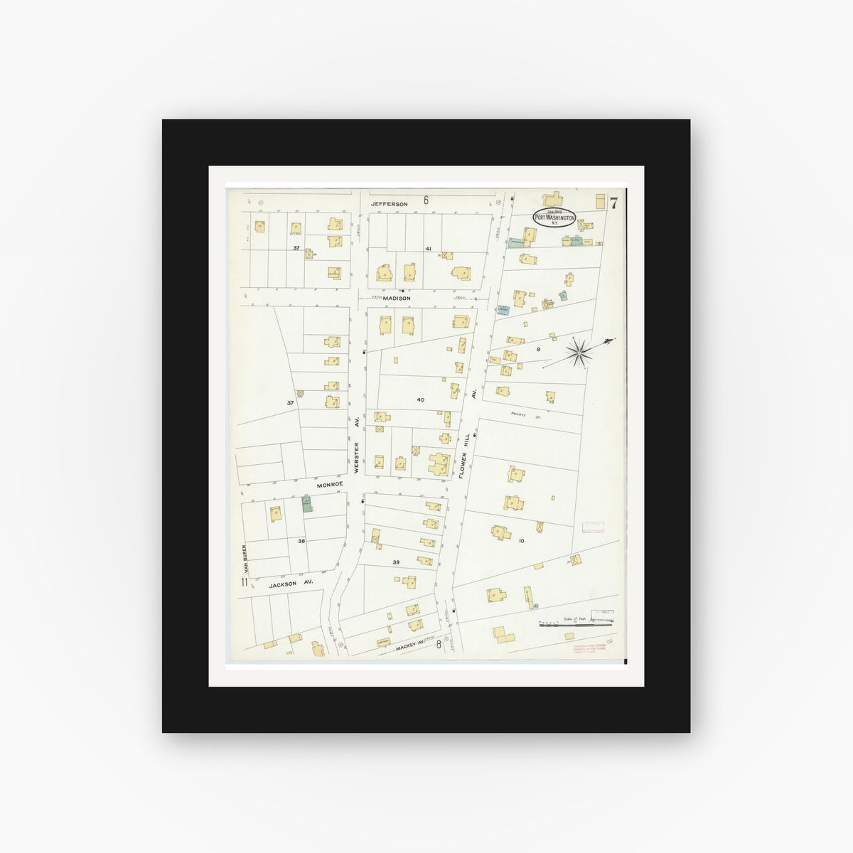 Old map wall art mockup — black gallery frame with white mat — Sanborn Fire Insurance Map from Port Washington, Nassau County, New York (1909), Sheet #0007