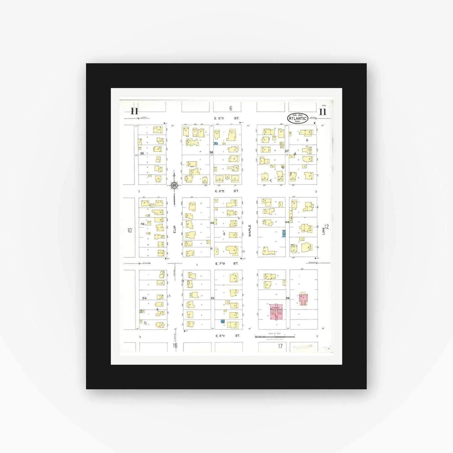 Old map wall art mockup — black gallery frame with white mat — Sanborn Fire Insurance Map from Atlantic, Cass County, Iowa (1923), Sheet #0011