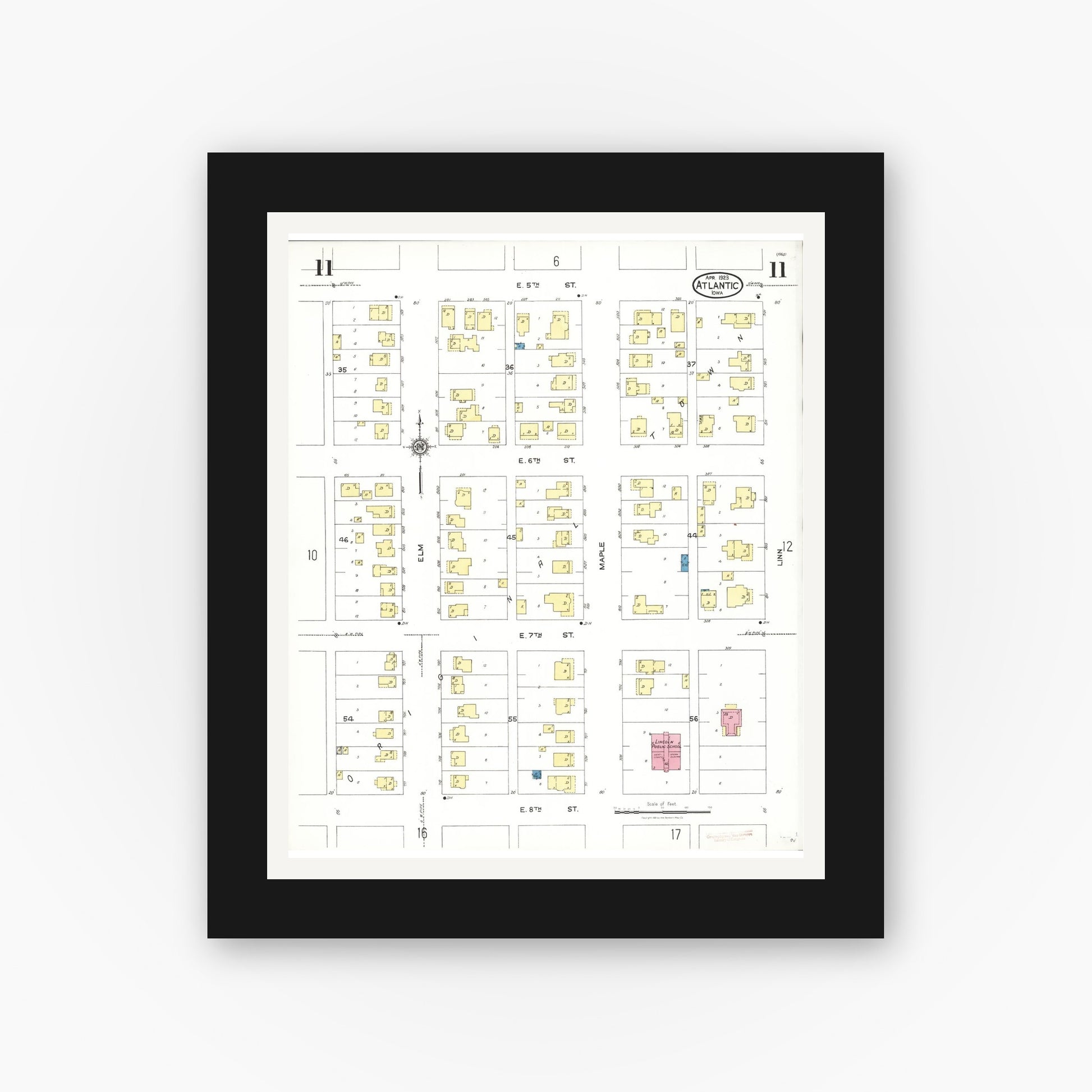 Old map wall art mockup — black gallery frame with white mat — Sanborn Fire Insurance Map from Atlantic, Cass County, Iowa (1923), Sheet #0011