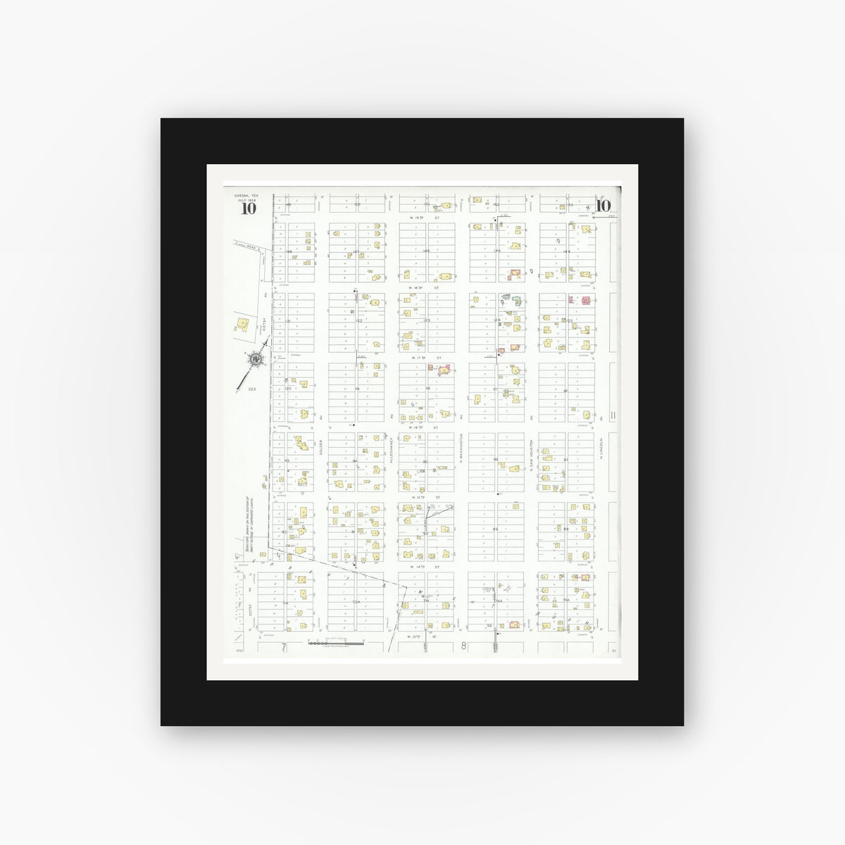 Old map wall art mockup — black gallery frame with white mat — Sanborn Fire Insurance Map from Odessa, Edger County, Texas (1939), Sheet #0010