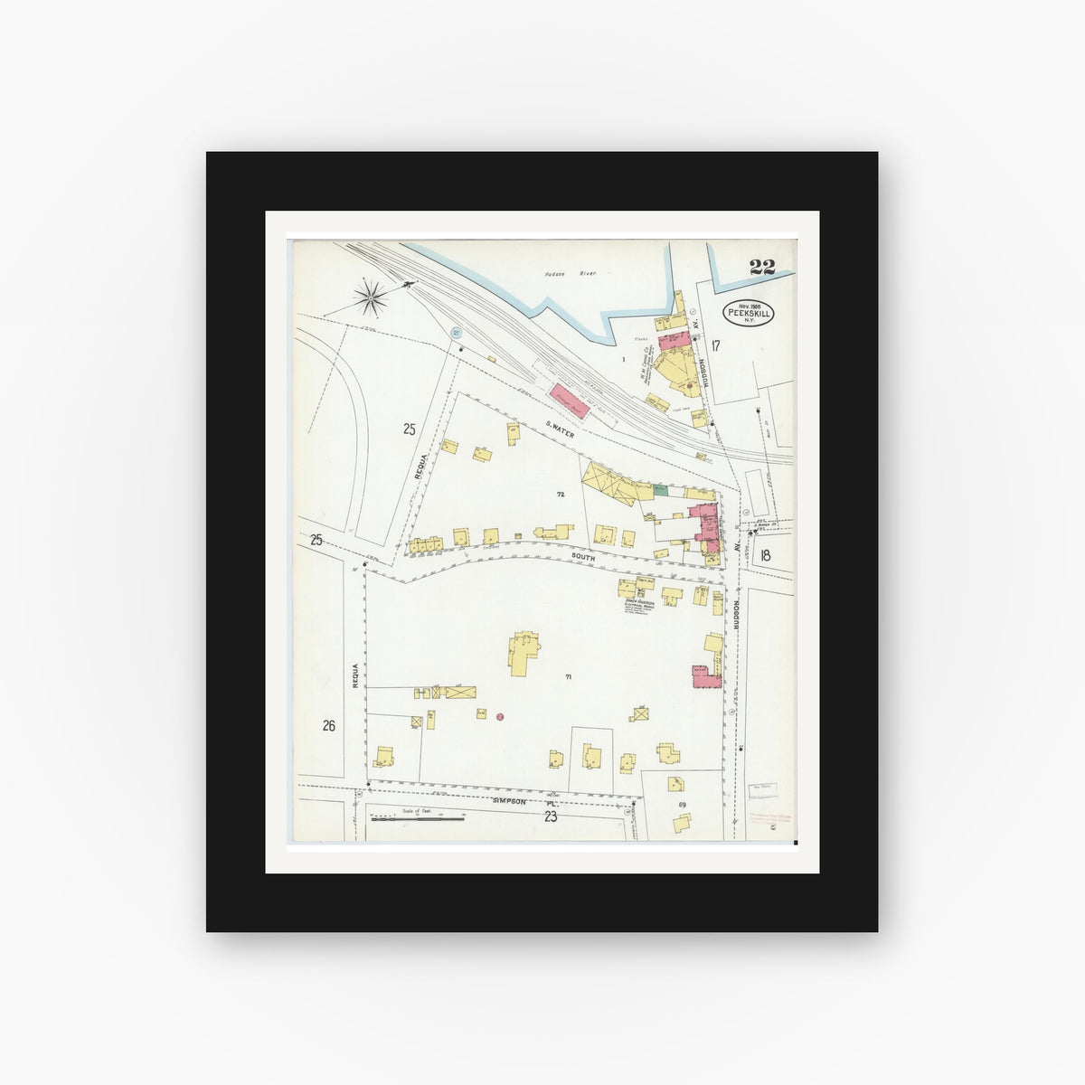 Old map wall art mockup — black gallery frame with white mat — Sanborn Fire Insurance Map from Peekskill, Westchester County, New York (1905), Sheet #0022