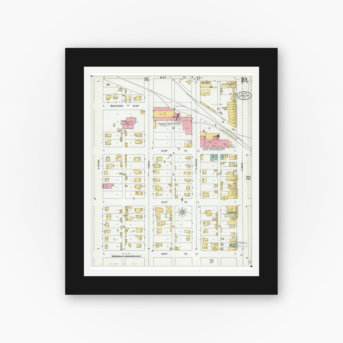 Old map wall art mockup — black gallery frame with white mat — Sanborn Fire Insurance Map from Joplin, Jasper County, Missouri (1900), Sheet #0019