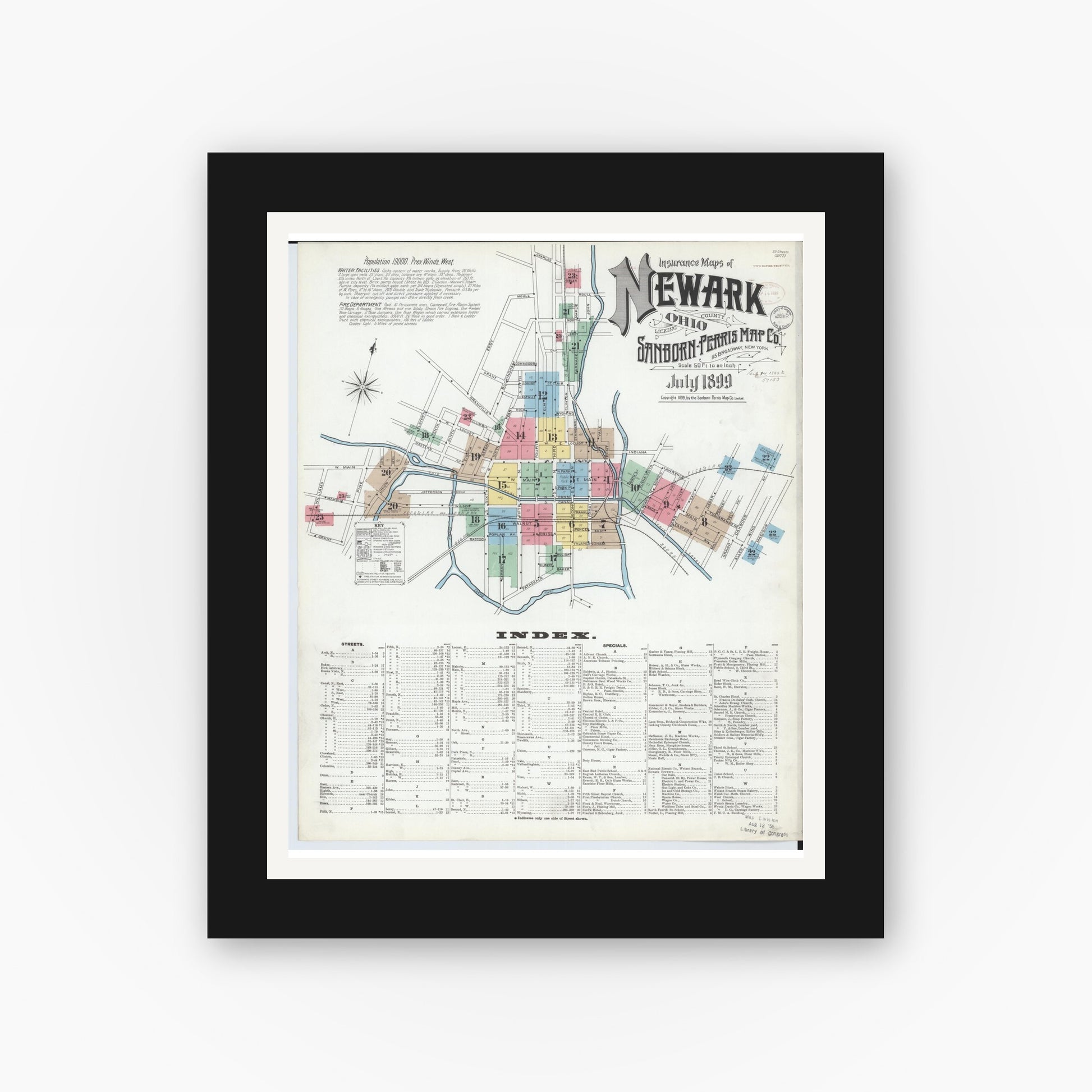 Old map wall art mockup — black gallery frame with white mat — Sanborn Fire Insurance Map from Newark, Licking County, Ohio (1899), Sheet #0001