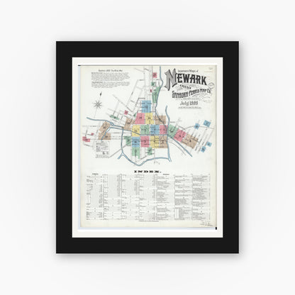 Old map wall art mockup — black gallery frame with white mat — Sanborn Fire Insurance Map from Newark, Licking County, Ohio (1899), Sheet #0001