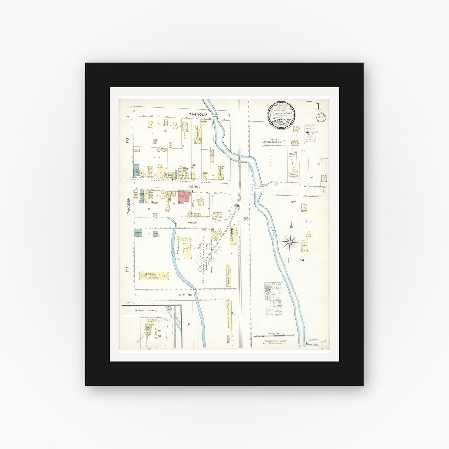 Old map wall art mockup — black gallery frame with white mat — Sanborn Fire Insurance Map from Compton, Los Angeles County, California (1900), Sheet #0001