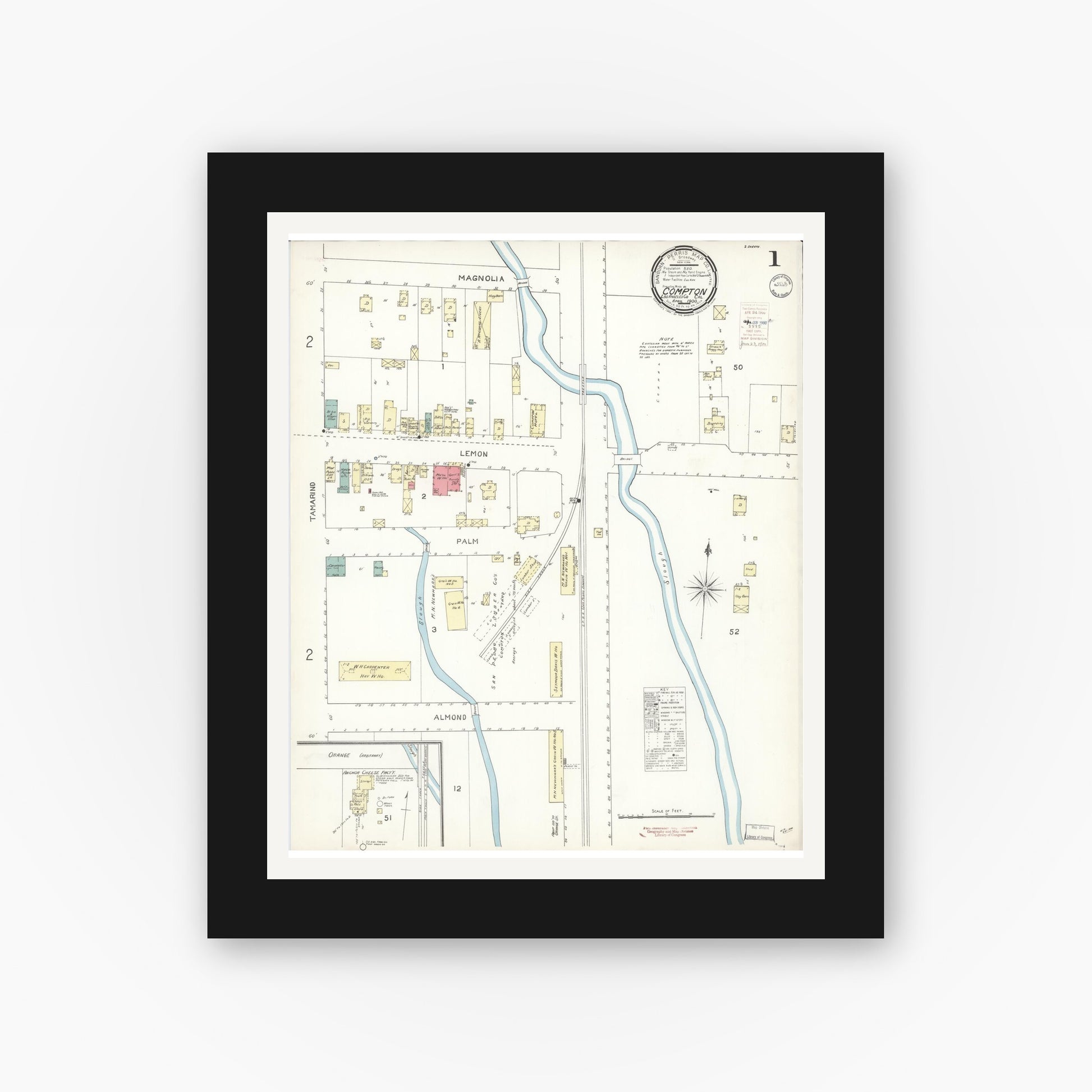 Old map wall art mockup — black gallery frame with white mat — Sanborn Fire Insurance Map from Compton, Los Angeles County, California (1900), Sheet #0001