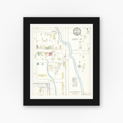 Old map wall art mockup — black gallery frame with white mat — Sanborn Fire Insurance Map from Compton, Los Angeles County, California (1900), Sheet #0001