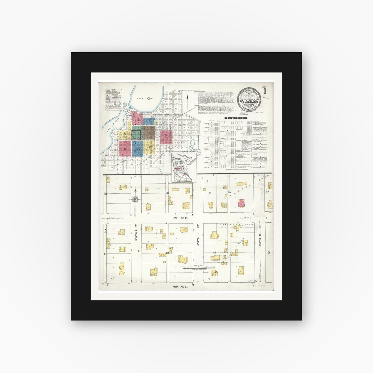 Old map wall art mockup — black gallery frame with white mat — Sanborn Fire Insurance Map from Alexandria, Douglas County, Minnesota (1922) - Complete Map Set