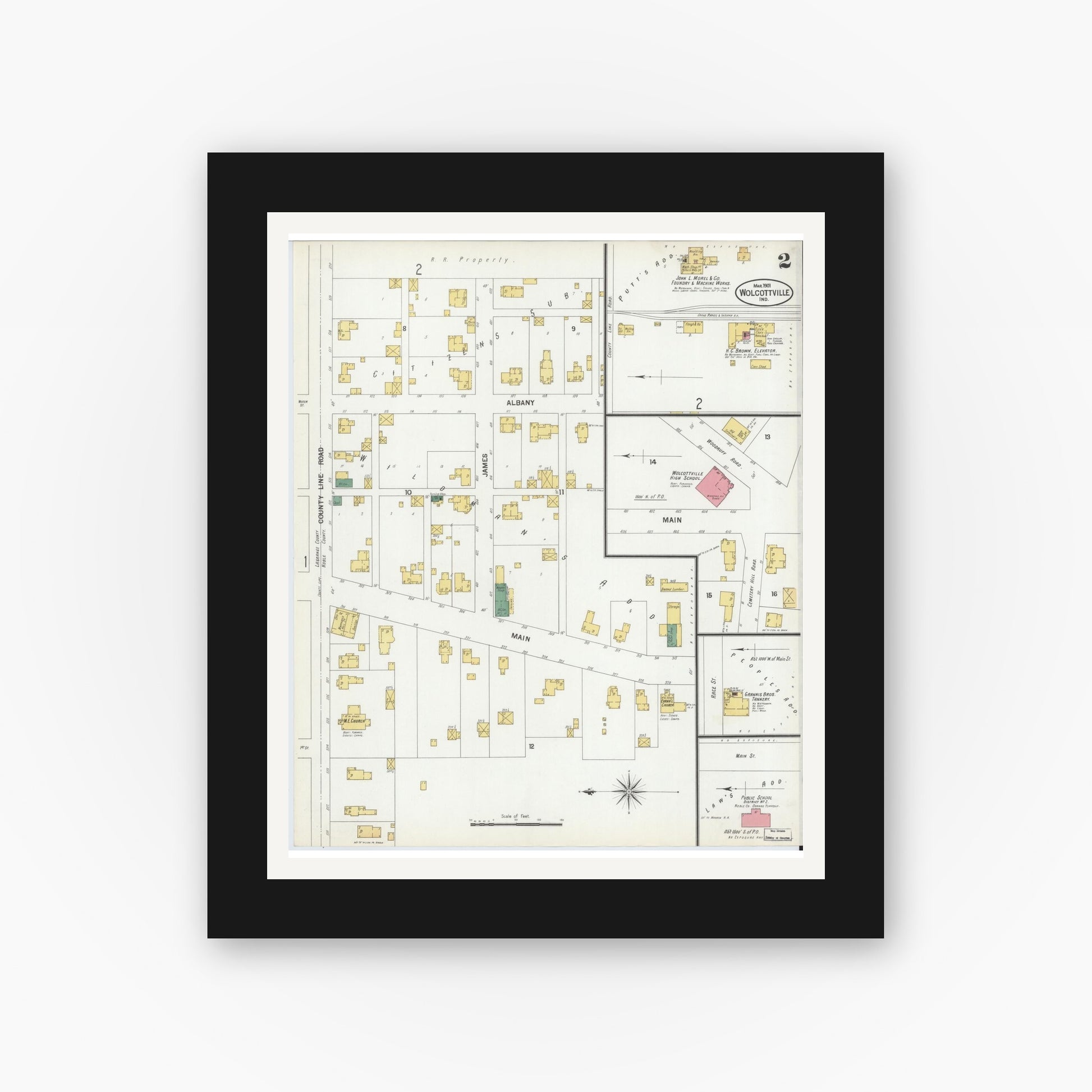 Old map wall art mockup — black gallery frame with white mat — Sanborn Fire Insurance Map from Wolcottville, Noble And LaGrange Counties, Indiana (1901), Sheet #0002