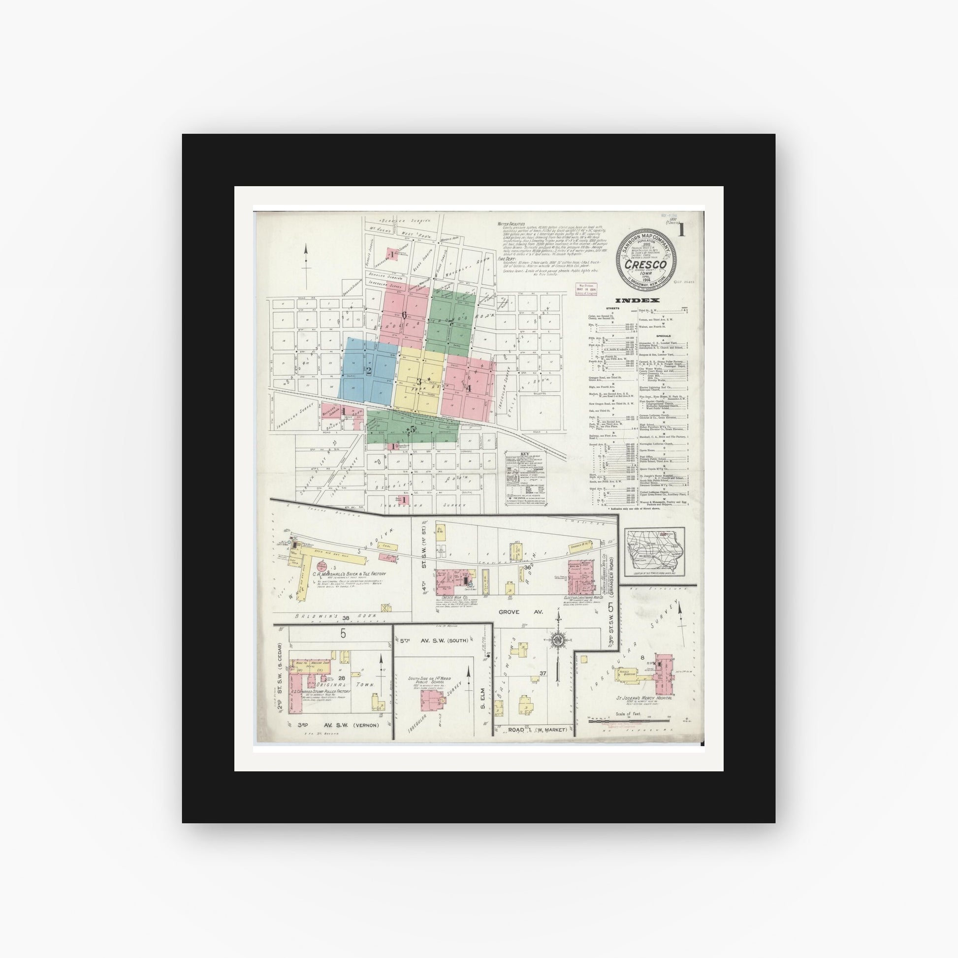 Old map wall art mockup — black gallery frame with white mat — Sanborn Fire Insurance Map from Cresco, Howard County, Iowa (1914), Sheet #0001