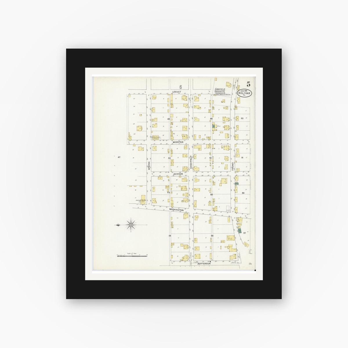 Old map wall art mockup — black gallery frame with white mat — Sanborn Fire Insurance Map from Bolivar, Westmoreland County, Pennsylvania (1909), Sheet #0005