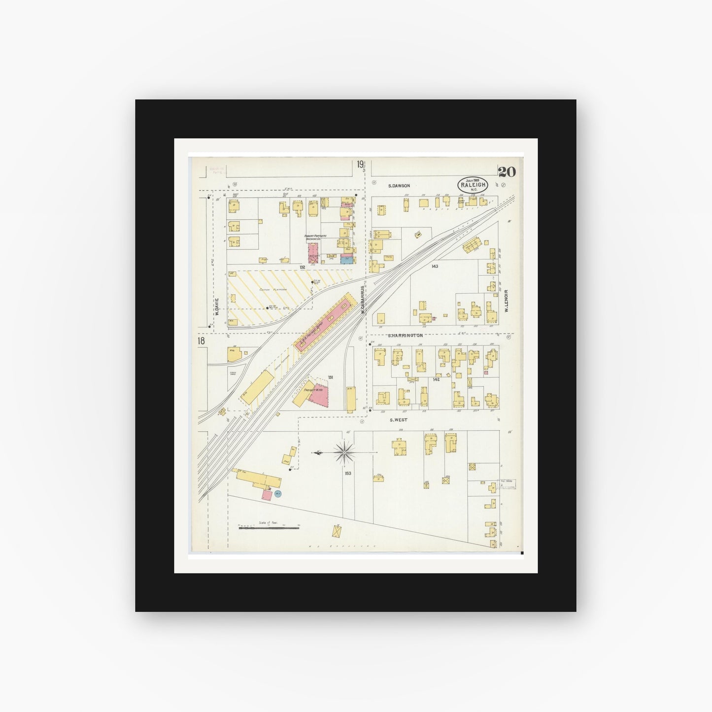 Old map wall art mockup — black gallery frame with white mat — Sanborn Fire Insurance Map from Raleigh, Wake County, North Carolina (1903), Sheet #0020