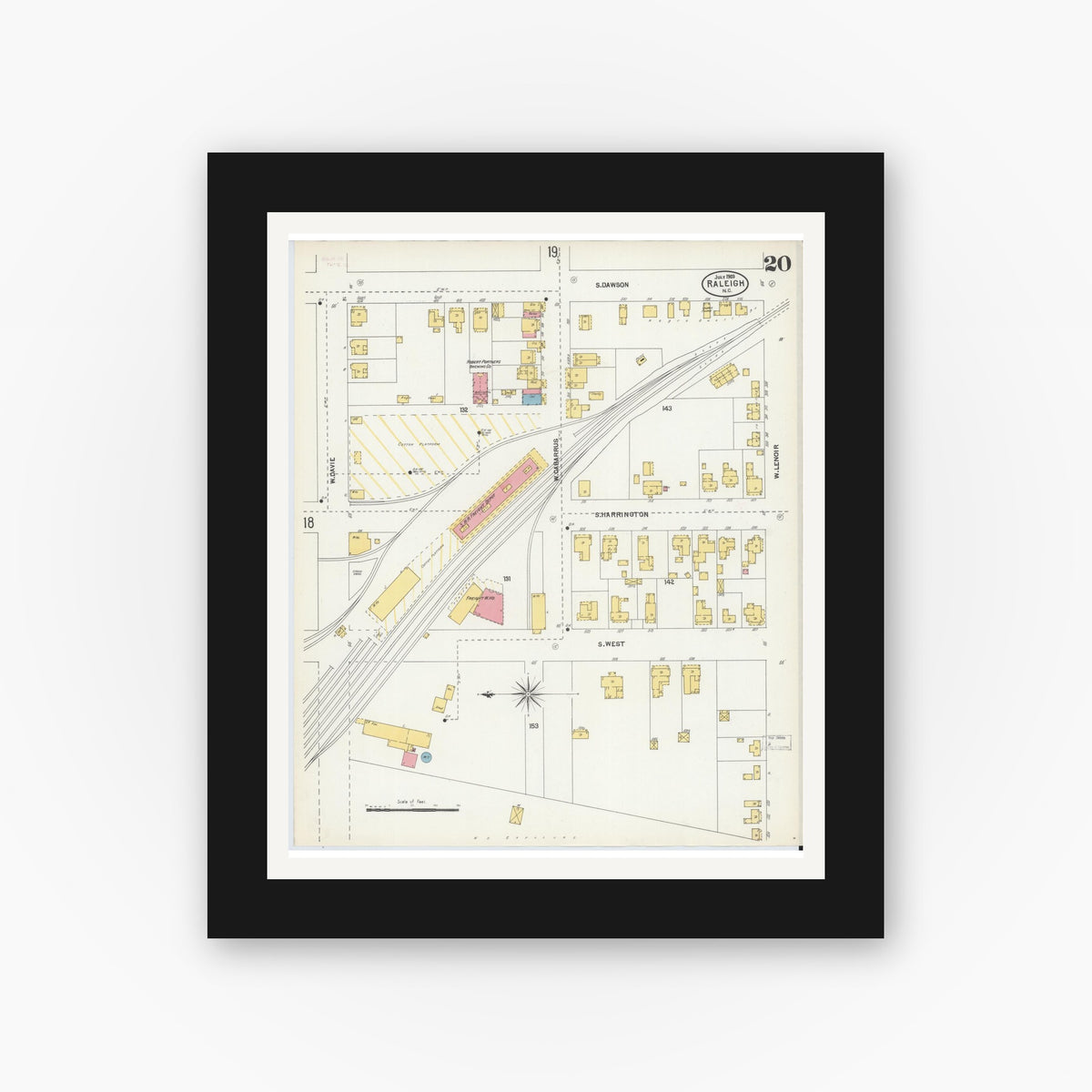 Old map wall art mockup — black gallery frame with white mat — Sanborn Fire Insurance Map from Raleigh, Wake County, North Carolina (1903), Sheet #0020