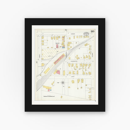 Old map wall art mockup — black gallery frame with white mat — Sanborn Fire Insurance Map from Raleigh, Wake County, North Carolina (1903), Sheet #0020