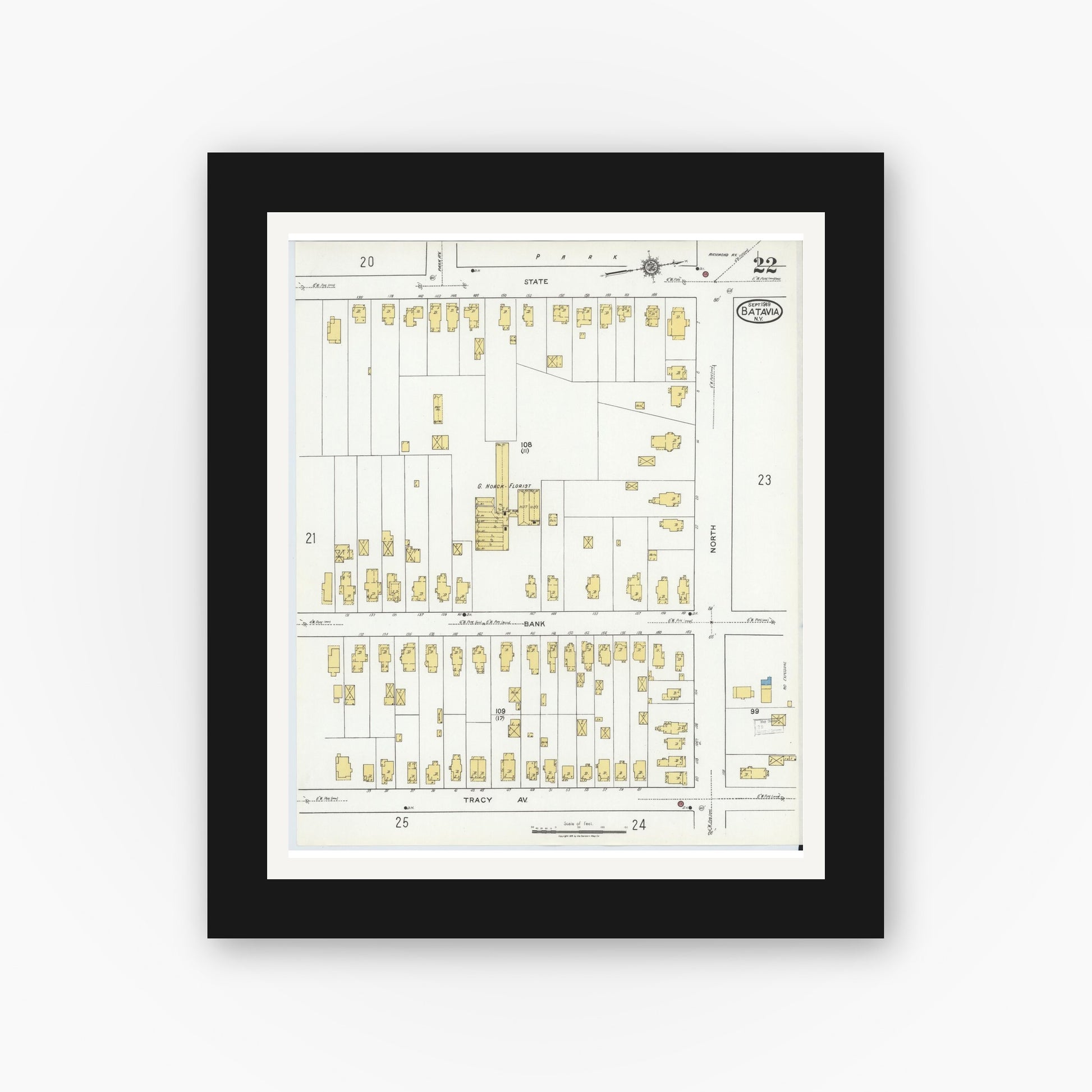 Old map wall art mockup — black gallery frame with white mat — Sanborn Fire Insurance Map from Batavia, Genesee County, New York (1919), Sheet #0022