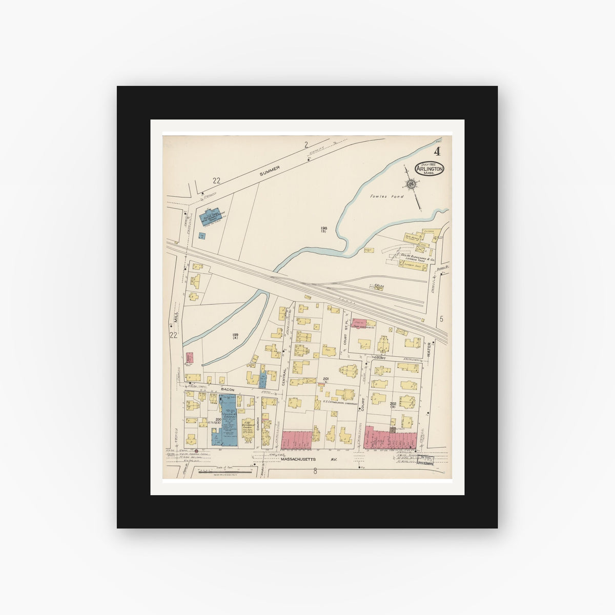 Old map wall art mockup — black gallery frame with white mat — Sanborn Fire Insurance Map from Arlington, Middlesex County, Massachusetts (1922), Sheet #0004