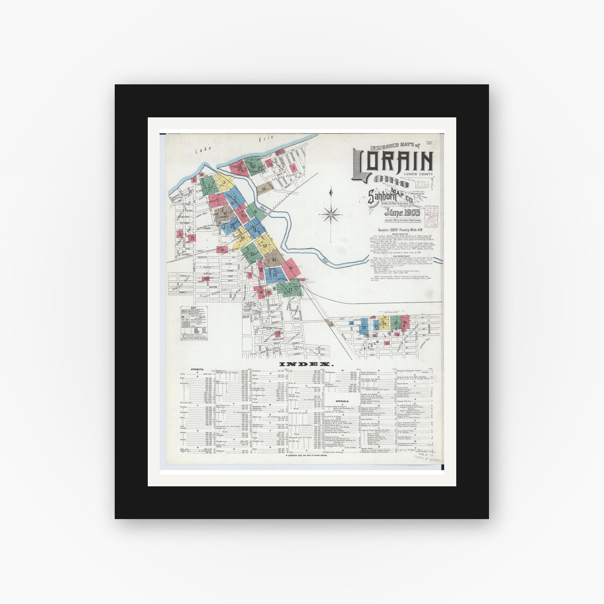 Old map wall art mockup — black gallery frame with white mat — Sanborn Fire Insurance Map from Lorain, Lorain County, Ohio (1905), Sheet #0001