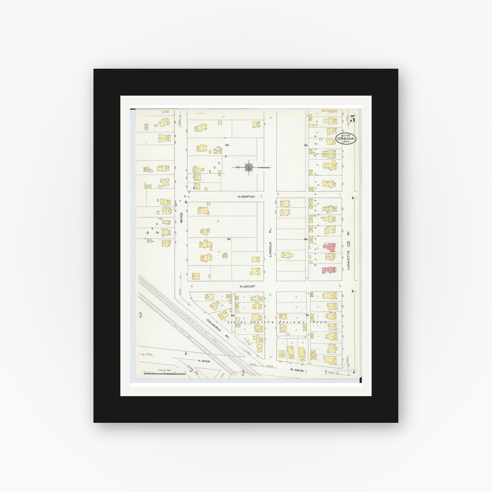 Old map wall art mockup — black gallery frame with white mat — Sanborn Fire Insurance Map from Urbana, Champaign County, Ohio (1910), Sheet #0005