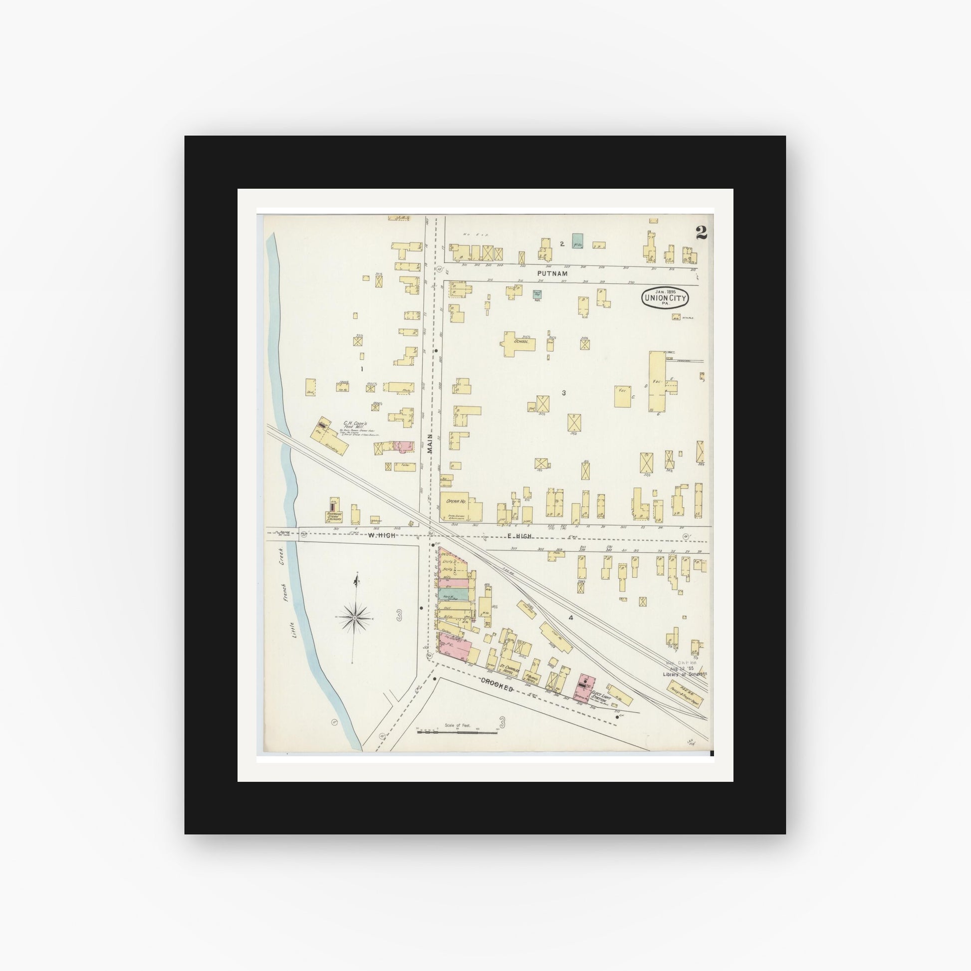 Old map wall art mockup — black gallery frame with white mat — Sanborn Fire Insurance Map from Union City, Erie County, Pennsylvania (1895), Sheet #0002