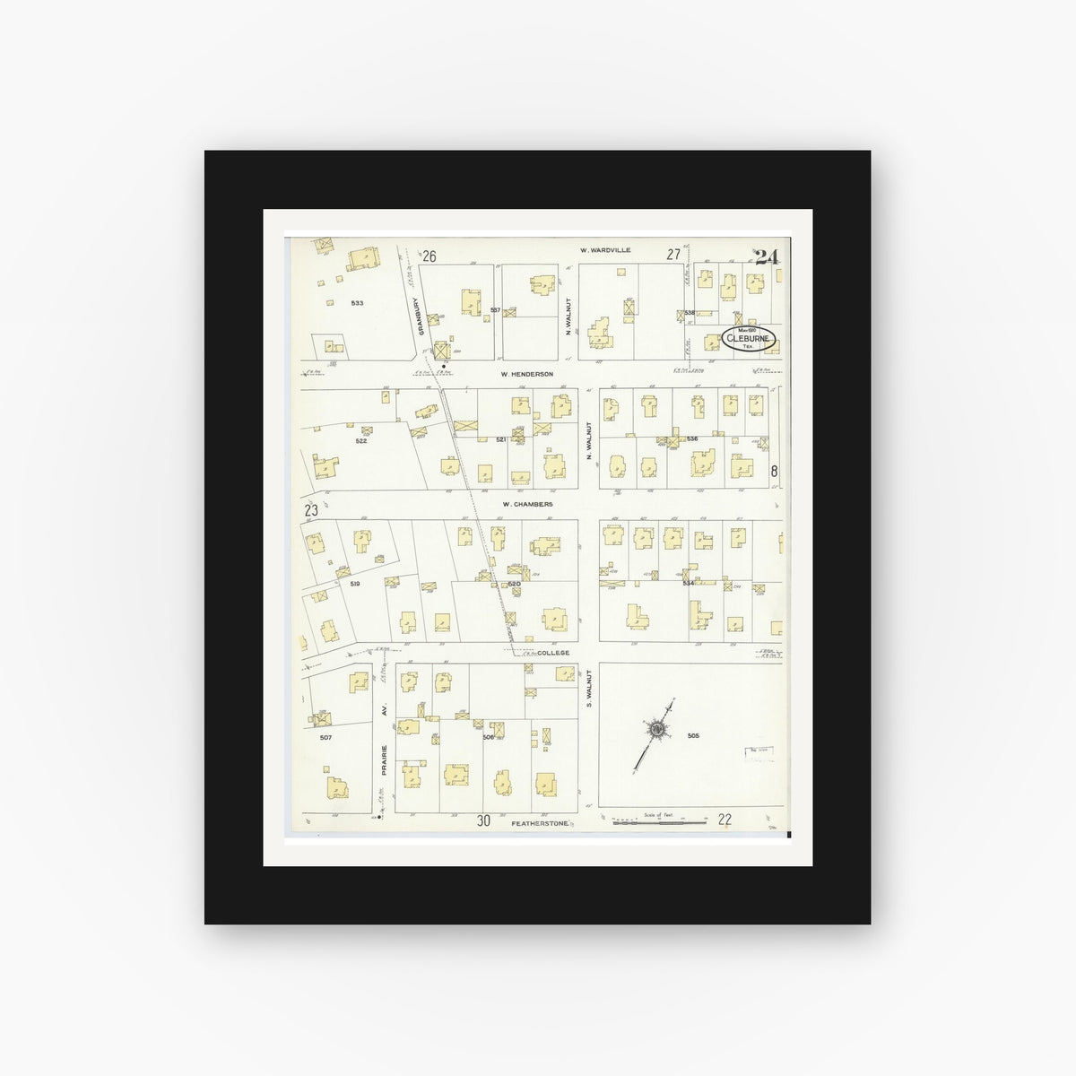Old map wall art mockup — black gallery frame with white mat — Sanborn Fire Insurance Map from Cleburne, Johnson County, Texas (1910), Sheet #0024