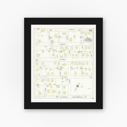 Old map wall art mockup — black gallery frame with white mat — Sanborn Fire Insurance Map from Cleburne, Johnson County, Texas (1910), Sheet #0024