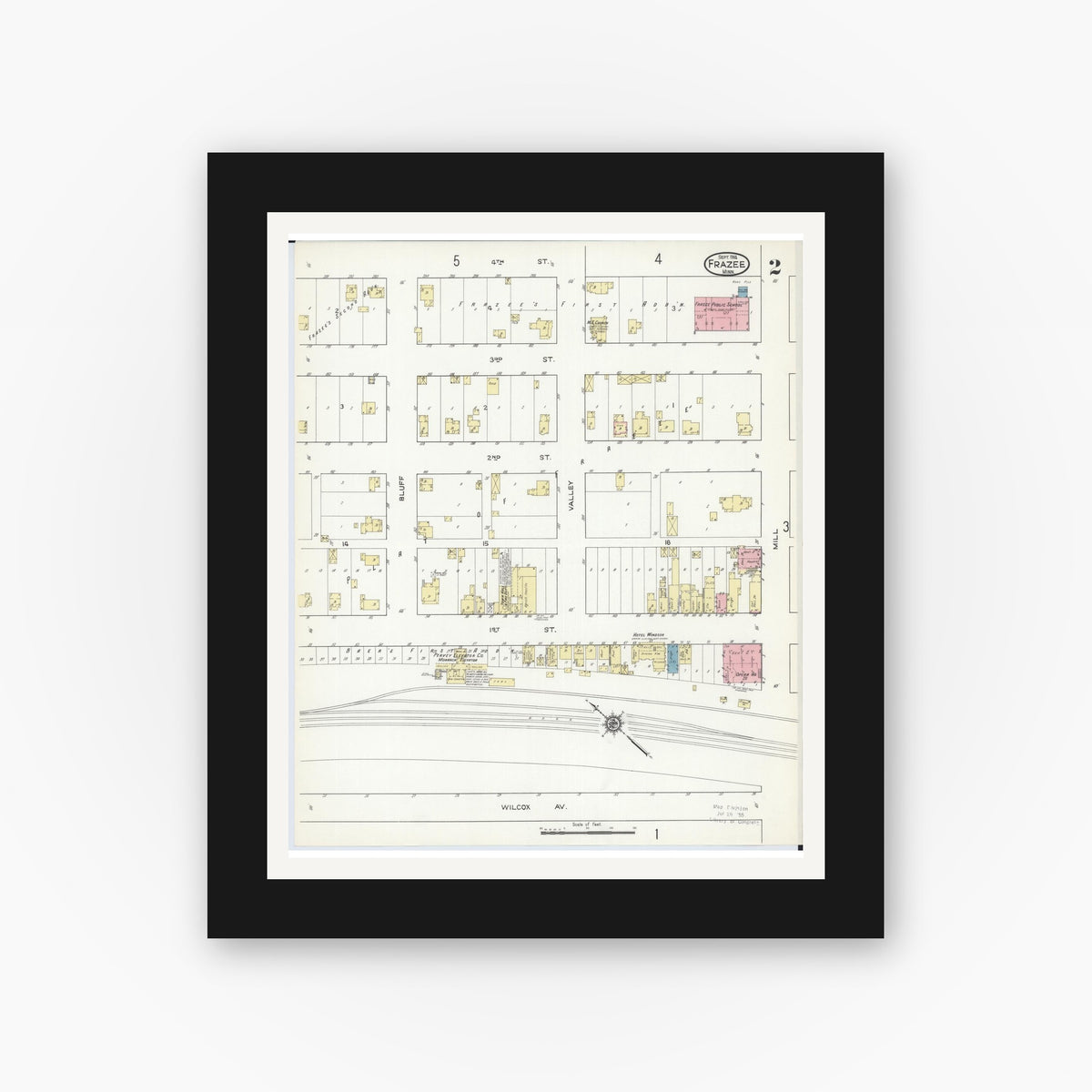 Old map wall art mockup — black gallery frame with white mat — Sanborn Fire Insurance Map from Frazee, Becker County, Minnesota (1914), Sheet #0002