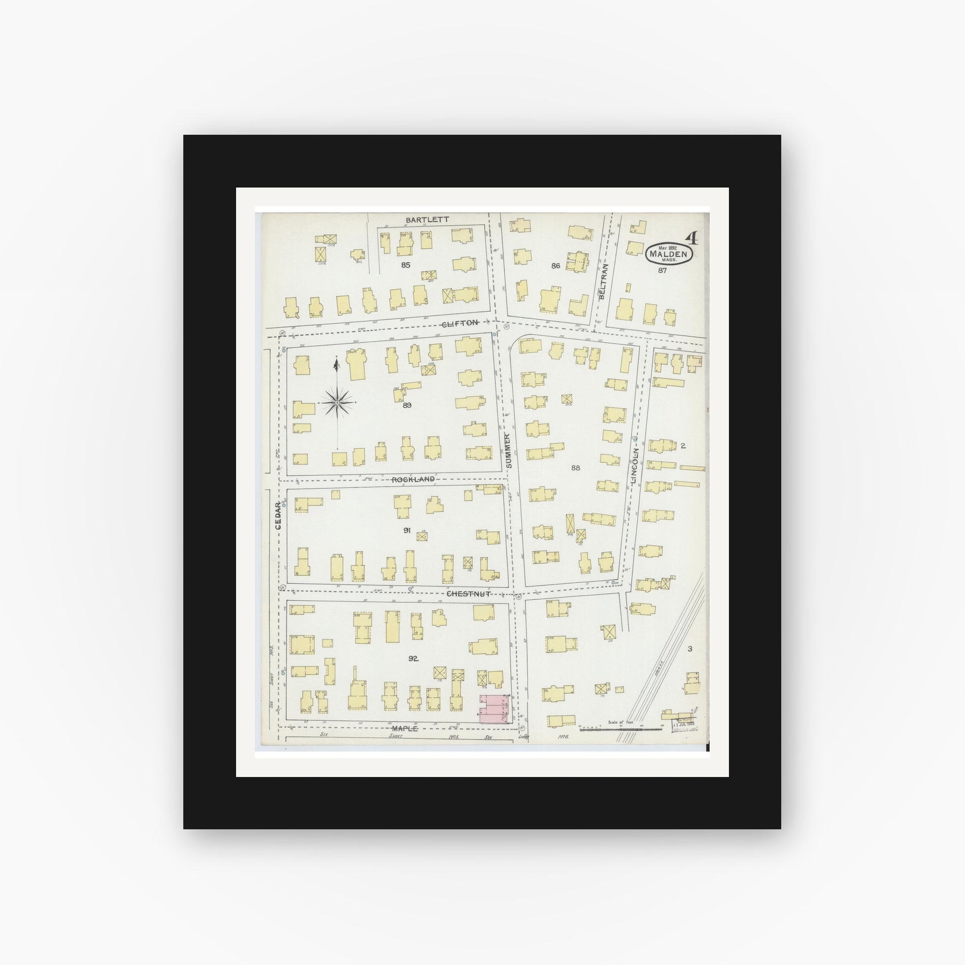 Old map wall art mockup — black gallery frame with white mat — Sanborn Fire Insurance Map from Malden, Middlesex County, Massachusetts (1892), Sheet #0004