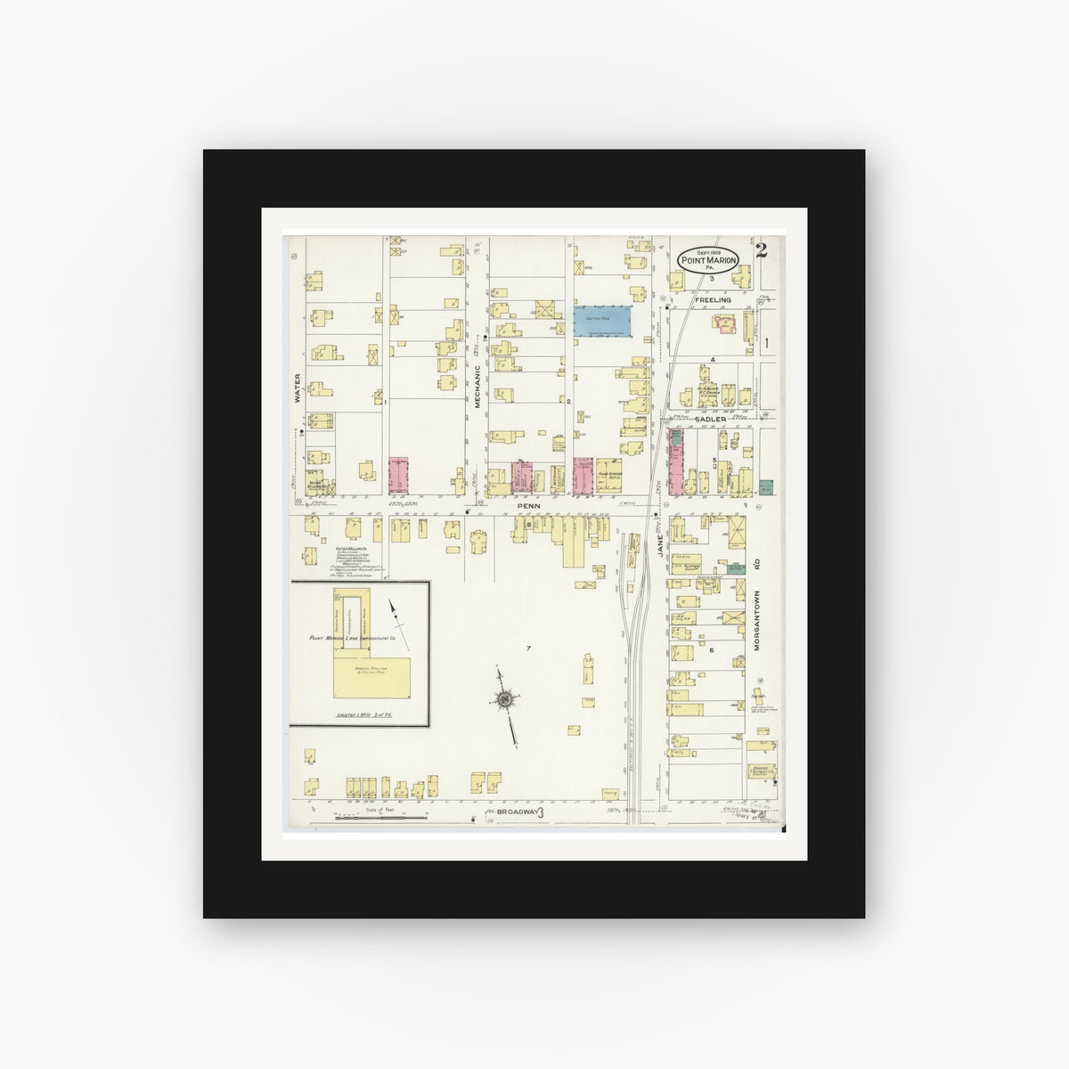 Old map wall art mockup — black gallery frame with white mat — Sanborn Fire Insurance Map from Point Marion, Fayette County, Pennsylvania (1909), Sheet #0002