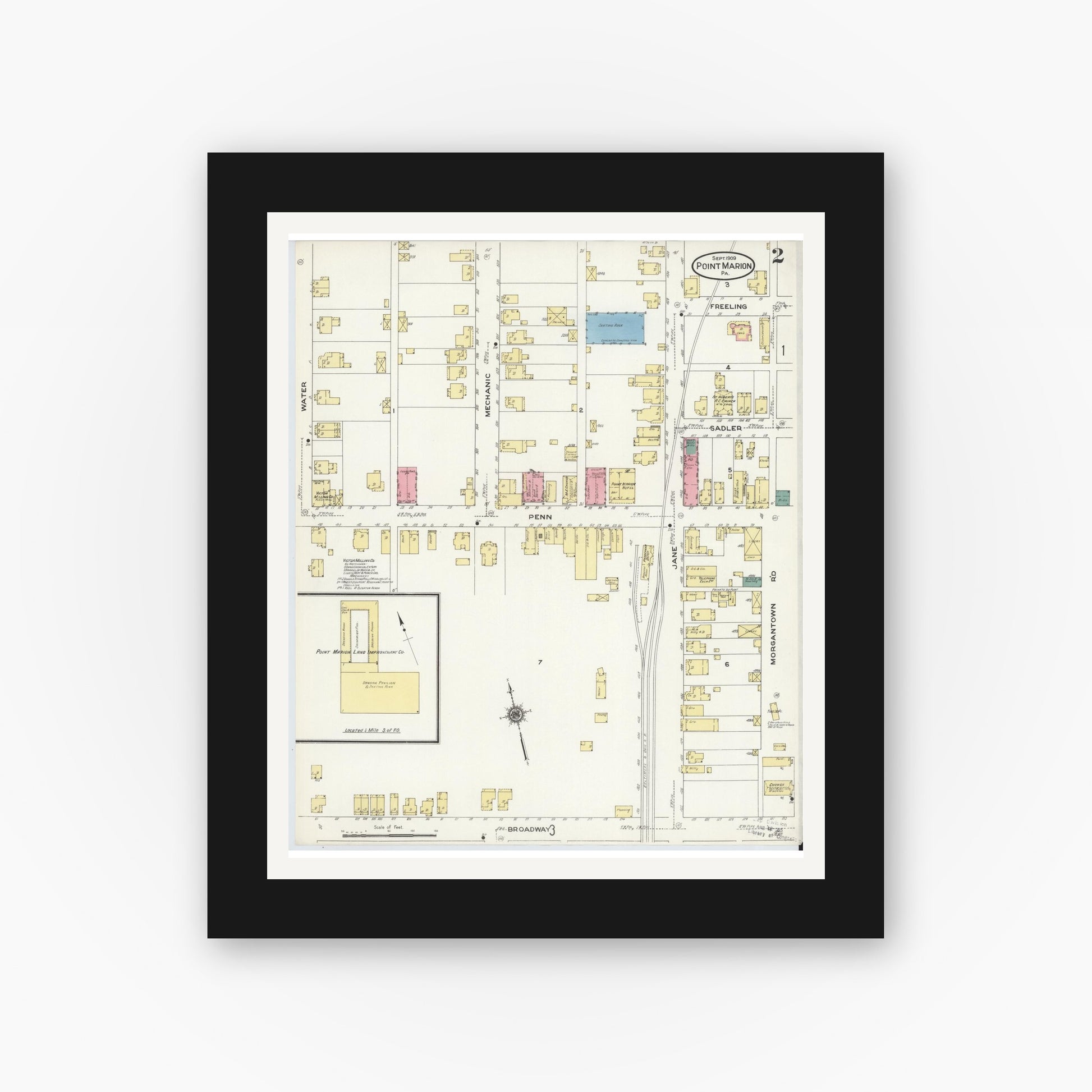 Old map wall art mockup — black gallery frame with white mat — Sanborn Fire Insurance Map from Point Marion, Fayette County, Pennsylvania (1909), Sheet #0002