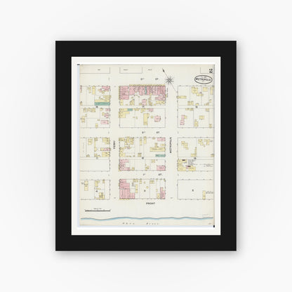 Old map wall art mockup — black gallery frame with white mat — Sanborn Fire Insurance Map from Metropolis, Massac County, Illinois (1888), Sheet #0002
