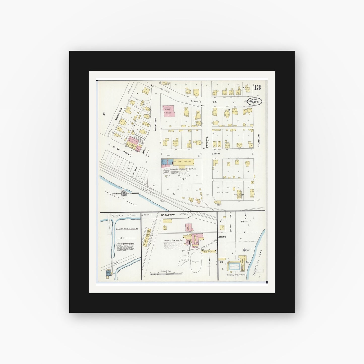 Old map wall art mockup — black gallery frame with white mat — Sanborn Fire Insurance Map from Pekin, Tazewell County, Illinois (1909), Sheet #0013