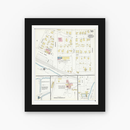 Old map wall art mockup — black gallery frame with white mat — Sanborn Fire Insurance Map from Pekin, Tazewell County, Illinois (1909), Sheet #0013