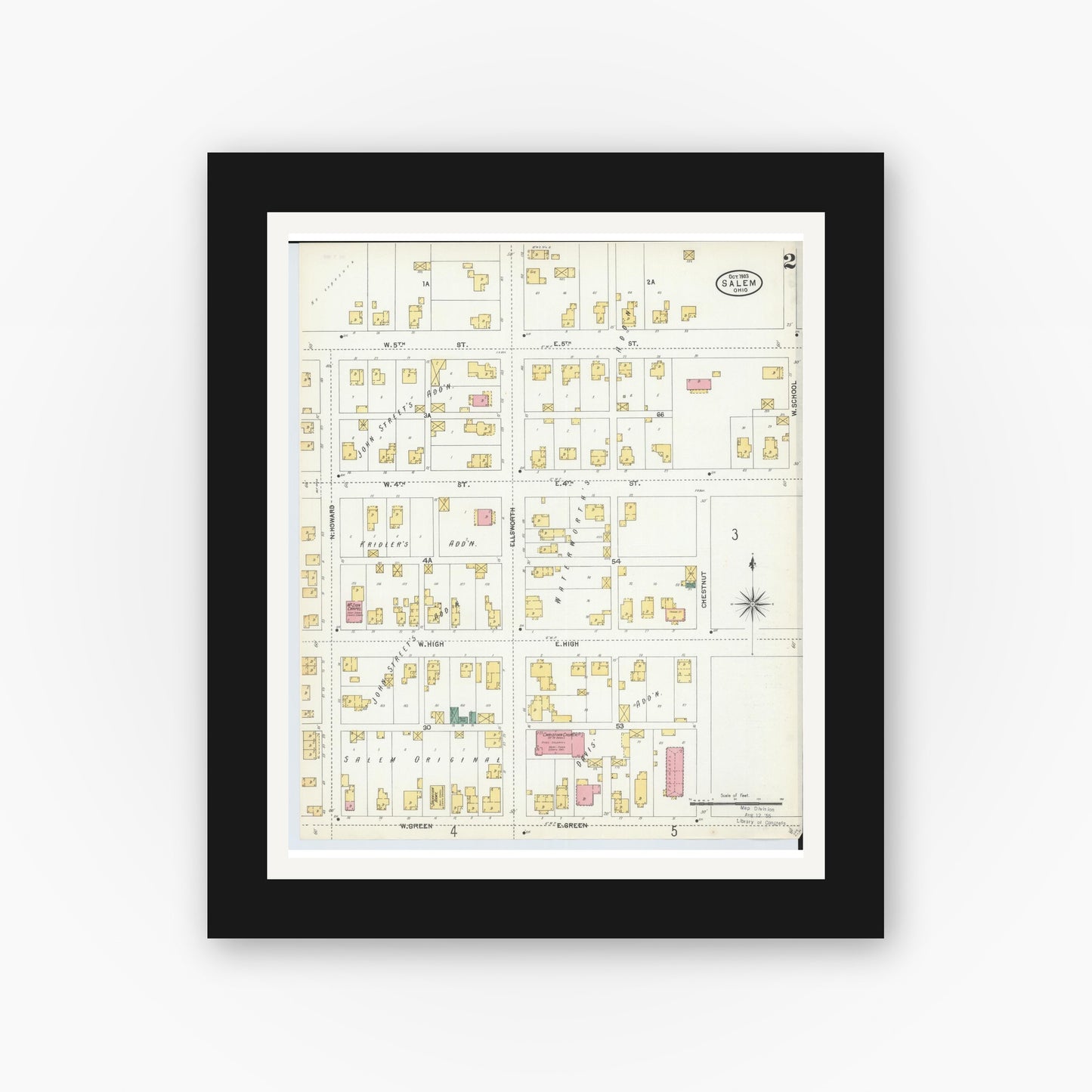 Old map wall art mockup — black gallery frame with white mat — Sanborn Fire Insurance Map from Salem, Columbiana County, Ohio (1903), Sheet #0002